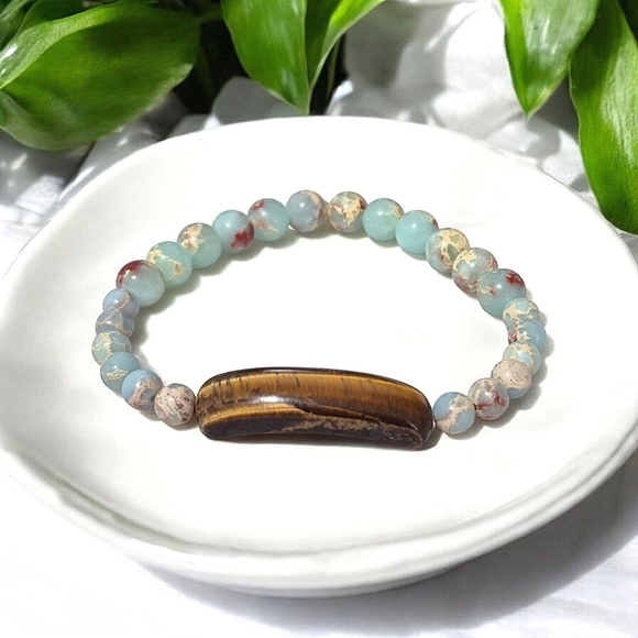 Boho Tiger's Eye and Glass Bead Stretch Bracelet - Picture 1 of 3